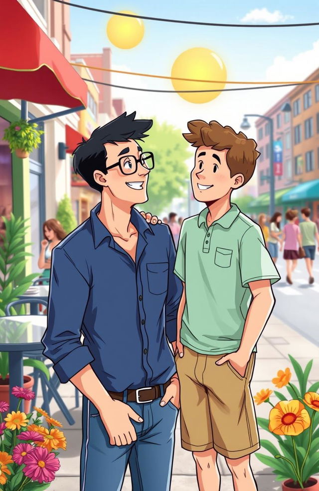 An illustration depicting two men engaged in a friendly conversation in a vibrant urban setting