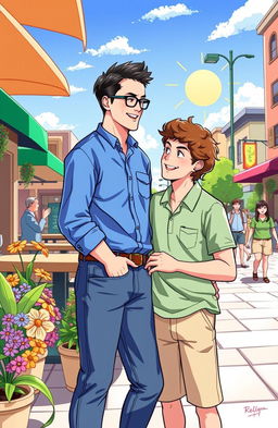 An illustration depicting two men engaged in a friendly conversation in a vibrant urban setting