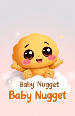 A cute and whimsical baby nugget character, with oversized eyes, a smile, and arms, sitting on a fluffy cloud with a pastel-colored background