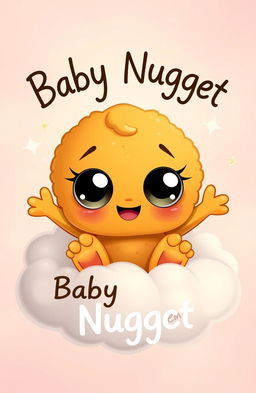 A cute and whimsical baby nugget character, with oversized eyes, a smile, and arms, sitting on a fluffy cloud with a pastel-colored background