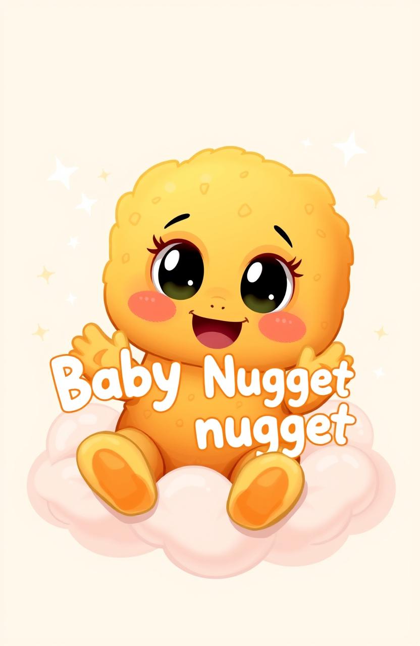 A cute and whimsical baby nugget character, with oversized eyes, a smile, and arms, sitting on a fluffy cloud with a pastel-colored background