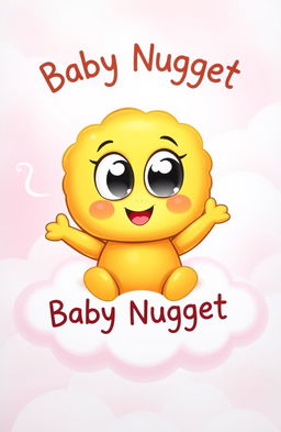 A cute and whimsical baby nugget character, with oversized eyes, a smile, and arms, sitting on a fluffy cloud with a pastel-colored background