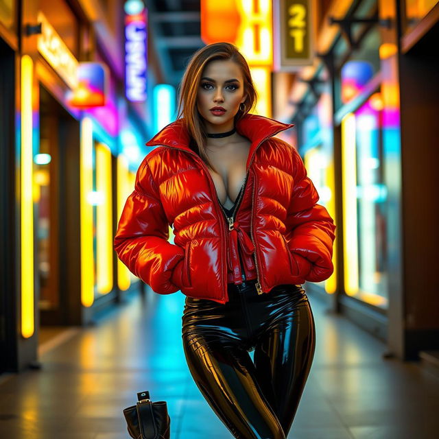 A hot slim girl with well-defined curves and large breasts, dressed stylishly in a shiny red tight puffer jacket that embraces her figure, paired with stunning black latex leggings that highlight her long legs