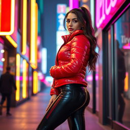 A hot slim girl with well-defined curves and large breasts, dressed stylishly in a shiny red tight puffer jacket that embraces her figure, paired with stunning black latex leggings that highlight her long legs