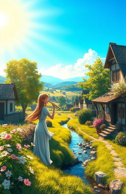 A picturesque village landscape featuring a girl blowing into a flute