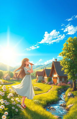 A picturesque village landscape featuring a girl blowing into a flute