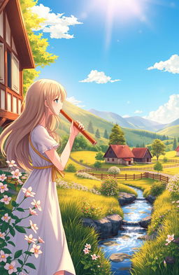 A picturesque village landscape featuring a girl blowing into a flute