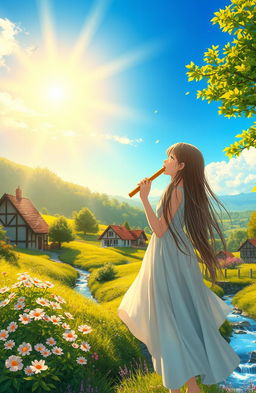 A picturesque village landscape featuring a girl blowing into a flute