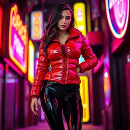 A hot slim girl with prominent curves and big breasts, dressed in a shiny red tight puffer jacket that fits snugly and highlights her figure, along with form-fitting black latex leggings that enhance her long legs