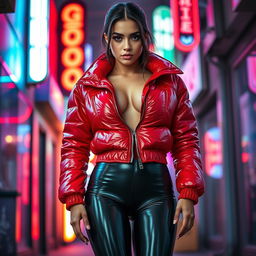 A hot slim girl with prominent curves and big breasts, dressed in a shiny red tight puffer jacket that fits snugly and highlights her figure, along with form-fitting black latex leggings that enhance her long legs
