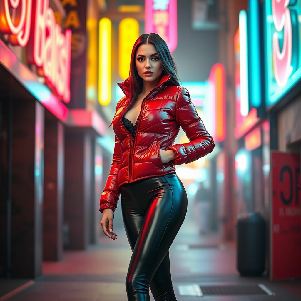 A hot slim girl with prominent curves and big breasts, dressed in a shiny red tight puffer jacket that fits snugly and highlights her figure, along with form-fitting black latex leggings that enhance her long legs