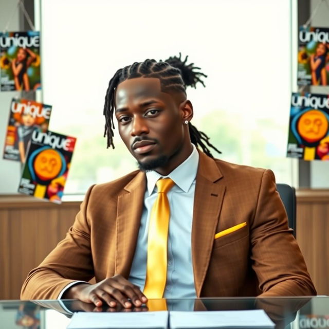 A handsome black man with neatly pulled back dreadlocks into a ponytail at the nape of his neck, dressed in a stylish brown and gold suit with a sleek gold straight tie