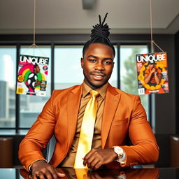 A handsome black man with neatly pulled back dreadlocks into a ponytail at the nape of his neck, dressed in a stylish brown and gold suit with a sleek gold straight tie