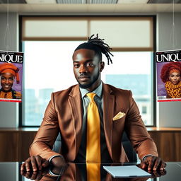 A handsome black man with neatly pulled back dreadlocks into a ponytail at the nape of his neck, dressed in a stylish brown and gold suit with a sleek gold straight tie