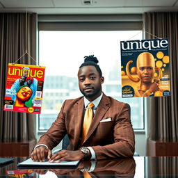 A handsome black man with neatly pulled back dreadlocks into a ponytail at the nape of his neck, dressed in a stylish brown and gold suit with a sleek gold straight tie