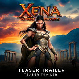 An epic teaser poster for 'Xena: Warrior Princess (2024)' featuring Gal Gadot as the iconic warrior princess
