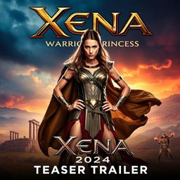 An epic teaser poster for 'Xena: Warrior Princess (2024)' featuring Gal Gadot as the iconic warrior princess