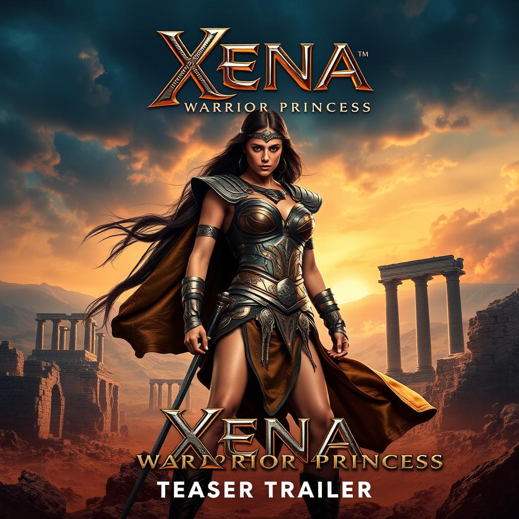 An epic teaser poster for 'Xena: Warrior Princess (2024)' featuring Gal Gadot as the iconic warrior princess