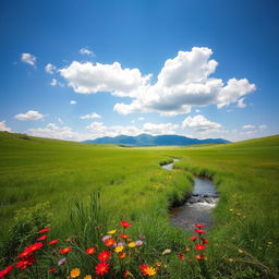 A serene landscape featuring a lush green meadow under a clear blue sky with fluffy white clouds