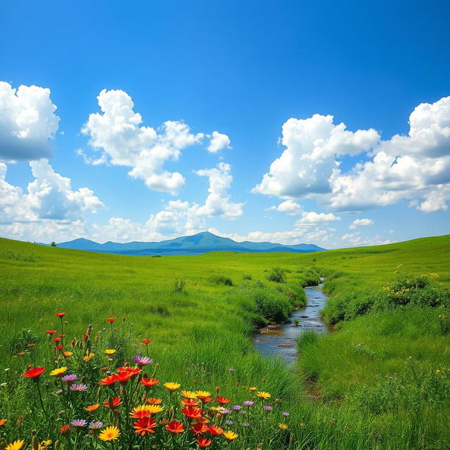 A serene landscape featuring a lush green meadow under a clear blue sky with fluffy white clouds