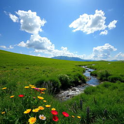 A serene landscape featuring a lush green meadow under a clear blue sky with fluffy white clouds
