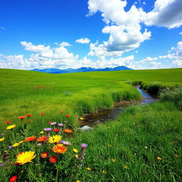 A serene landscape featuring a lush green meadow under a clear blue sky with fluffy white clouds