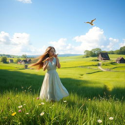 A picturesque village landscape featuring lush green fields, quaint cottages, and a clear blue sky