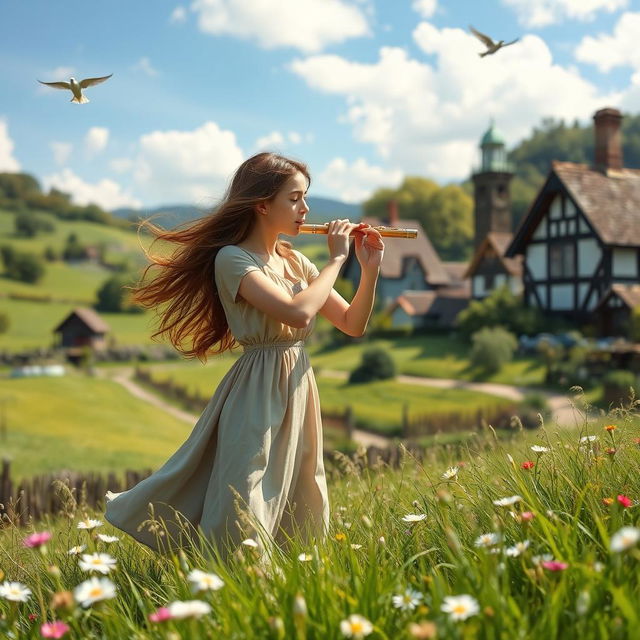 A picturesque village landscape featuring lush green fields, quaint cottages, and a clear blue sky