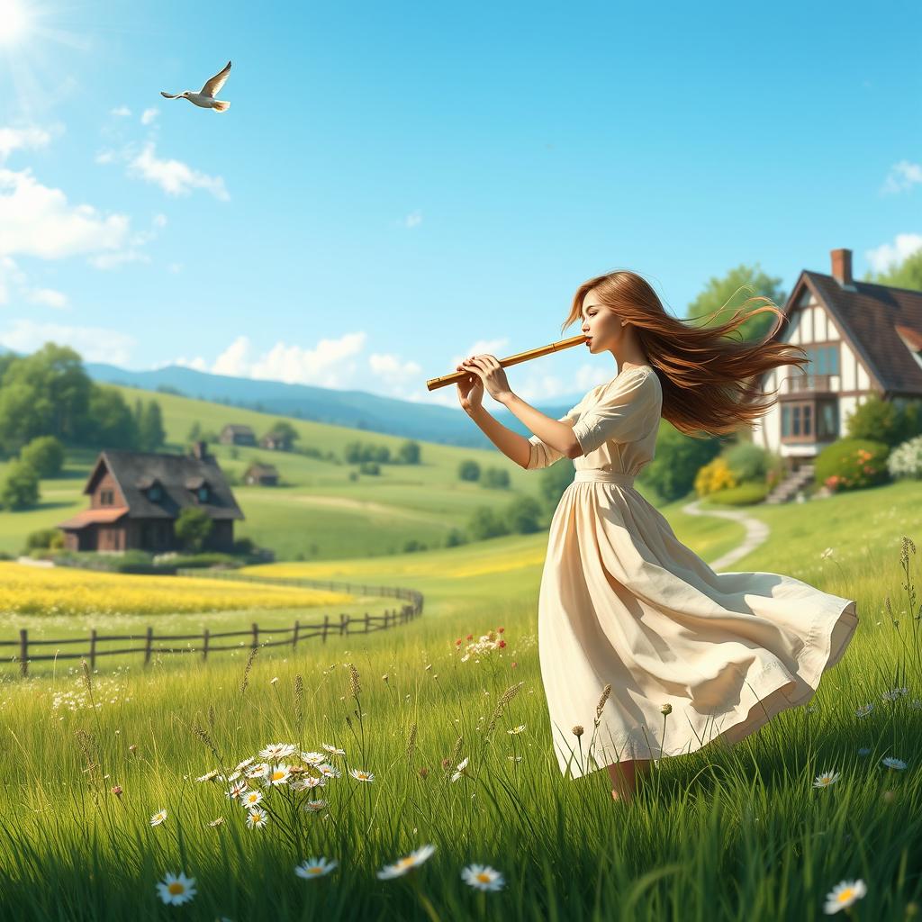 A picturesque village landscape featuring lush green fields, quaint cottages, and a clear blue sky