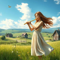 A picturesque village landscape featuring lush green fields, quaint cottages, and a clear blue sky