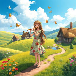 A picturesque village landscape featuring a girl blowing into a flute