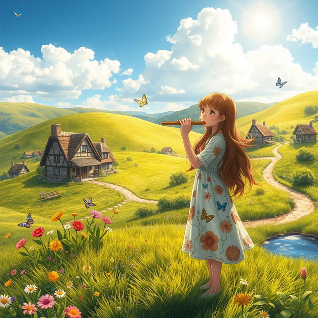 A picturesque village landscape featuring a girl blowing into a flute