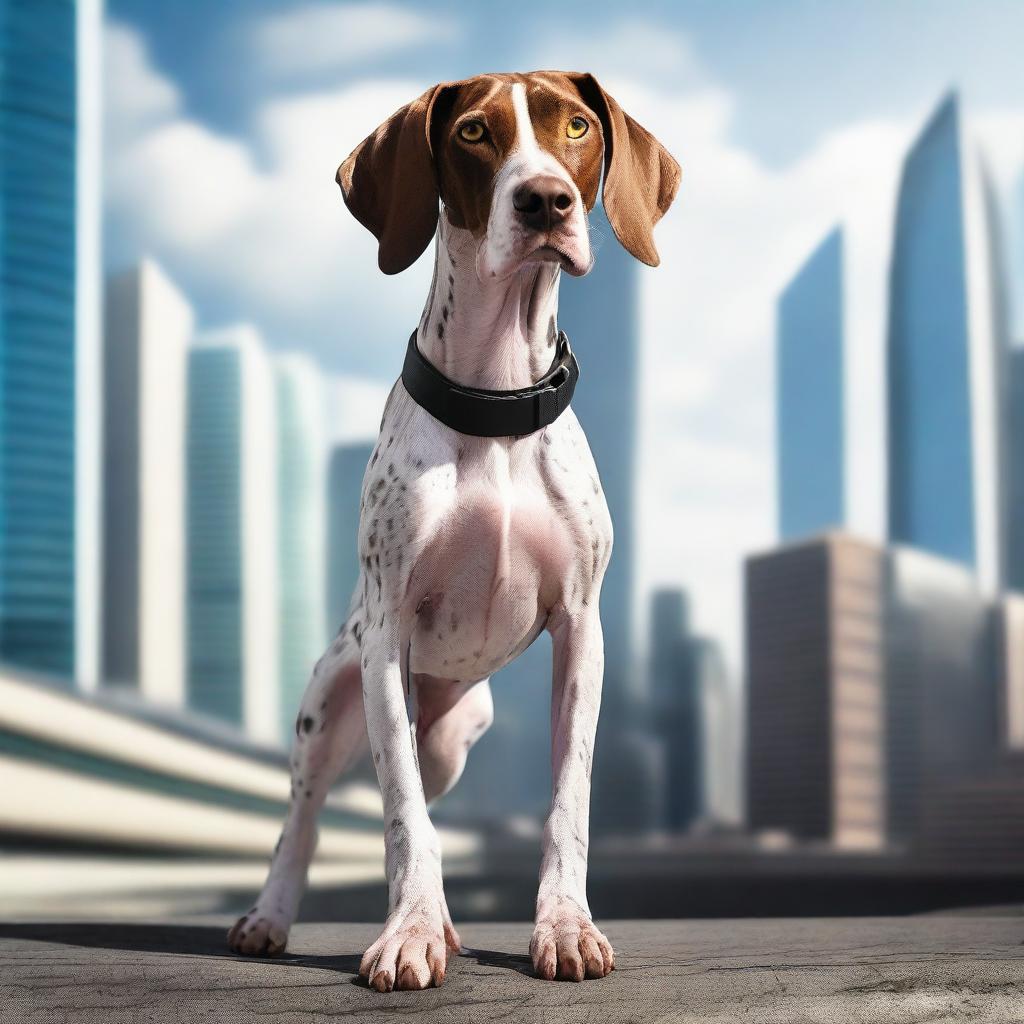 A high-resolution, cinematic photograph presents a young English pointer in an adventurous stance, set against a futuristic cityscape