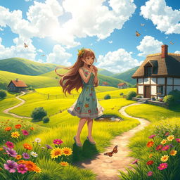 A picturesque village landscape featuring a girl blowing into a flute