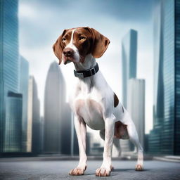 A high-resolution, cinematic photograph presents a young English pointer in an adventurous stance, set against a futuristic cityscape