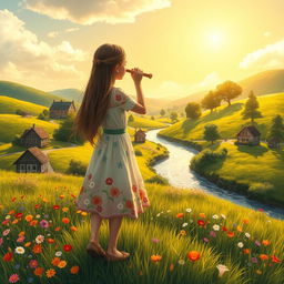 A tranquil village landscape depicting a girl blowing into a flute while facing away from the viewer