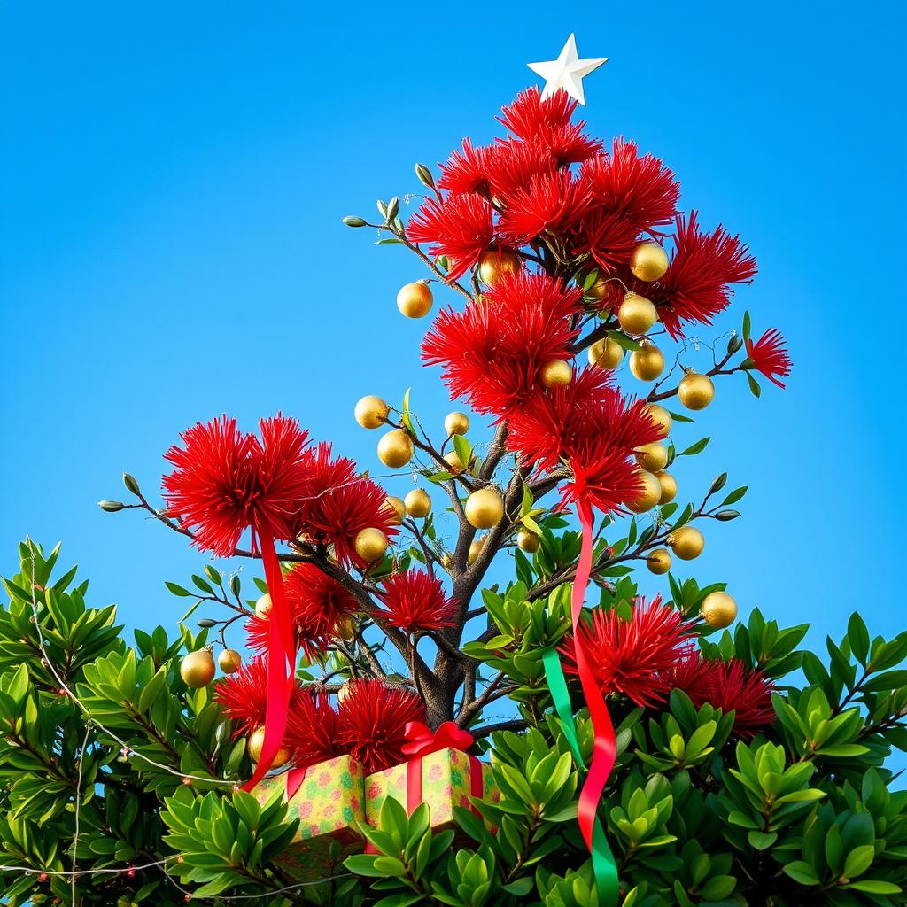 A stunning pohutukawa tree showcasing its brilliant red flowers, beautifully decorated for Christmas