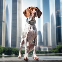 A high-resolution, cinematic photograph presents a young English pointer in an adventurous stance, set against a futuristic cityscape