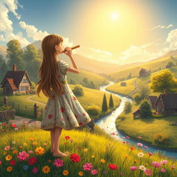 A tranquil village landscape depicting a girl blowing into a flute while facing away from the viewer