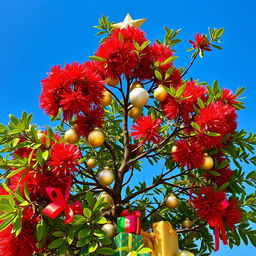 A stunning pohutukawa tree showcasing its brilliant red flowers, beautifully decorated for Christmas