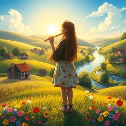 A tranquil village landscape depicting a girl blowing into a flute while facing away from the viewer