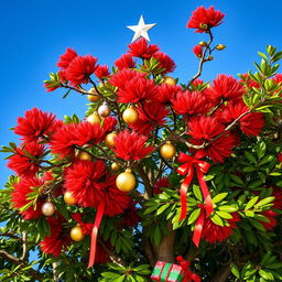 A stunning pohutukawa tree showcasing its brilliant red flowers, beautifully decorated for Christmas