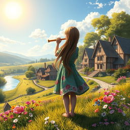 A tranquil village landscape depicting a girl blowing into a flute while facing away from the viewer