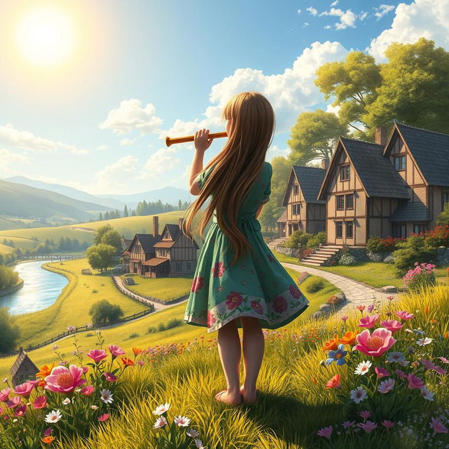 A tranquil village landscape depicting a girl blowing into a flute while facing away from the viewer