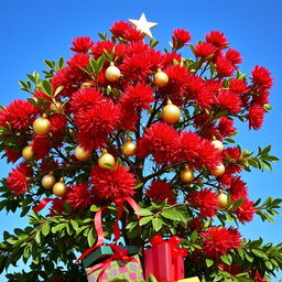 A stunning pohutukawa tree showcasing its brilliant red flowers, beautifully decorated for Christmas