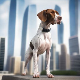 A high-resolution, cinematic photograph presents a young English pointer in an adventurous stance, set against a futuristic cityscape