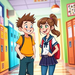 A charming scene featuring a boy and a girl at school, captured in a lively, animated style