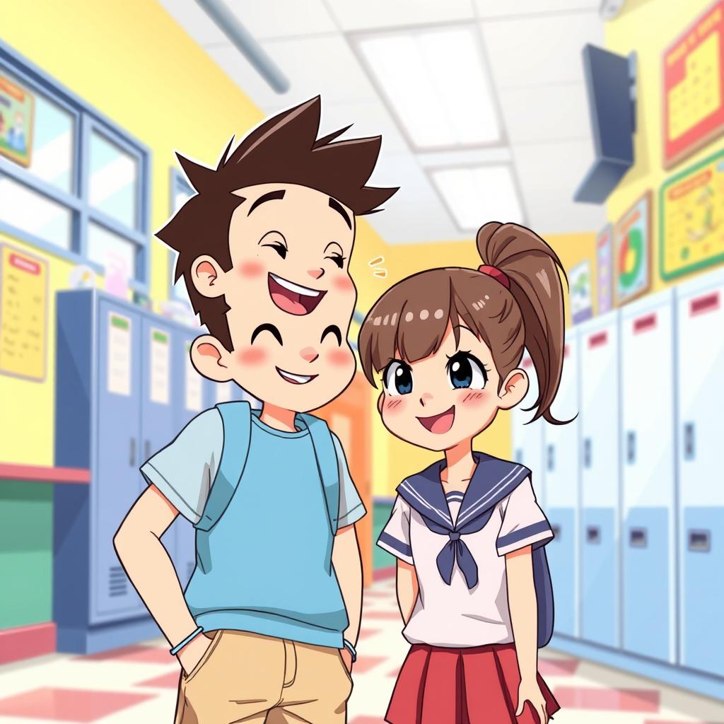 A charming scene featuring a boy and a girl at school, captured in a lively, animated style