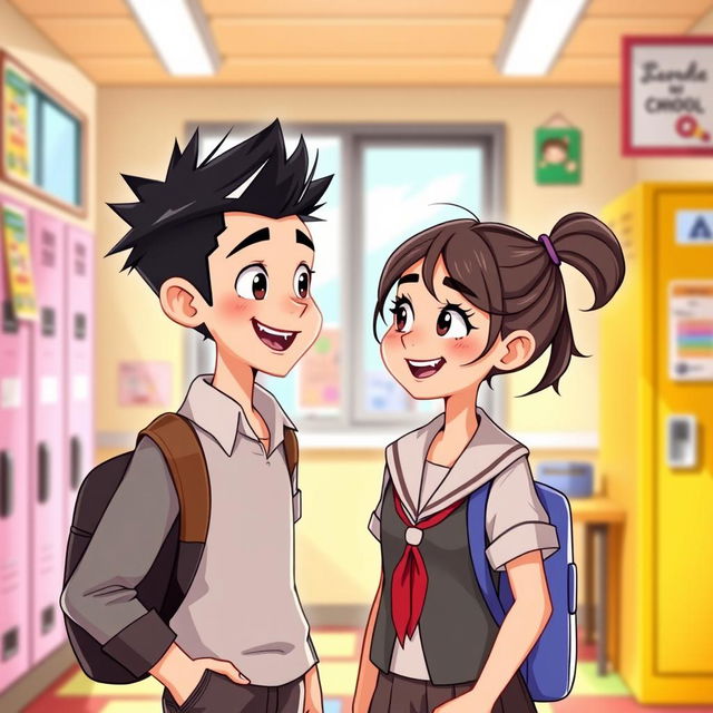 A charming scene featuring a boy and a girl at school, captured in a lively, animated style