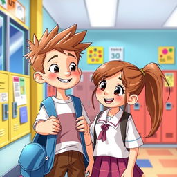 A charming scene featuring a boy and a girl at school, captured in a lively, animated style